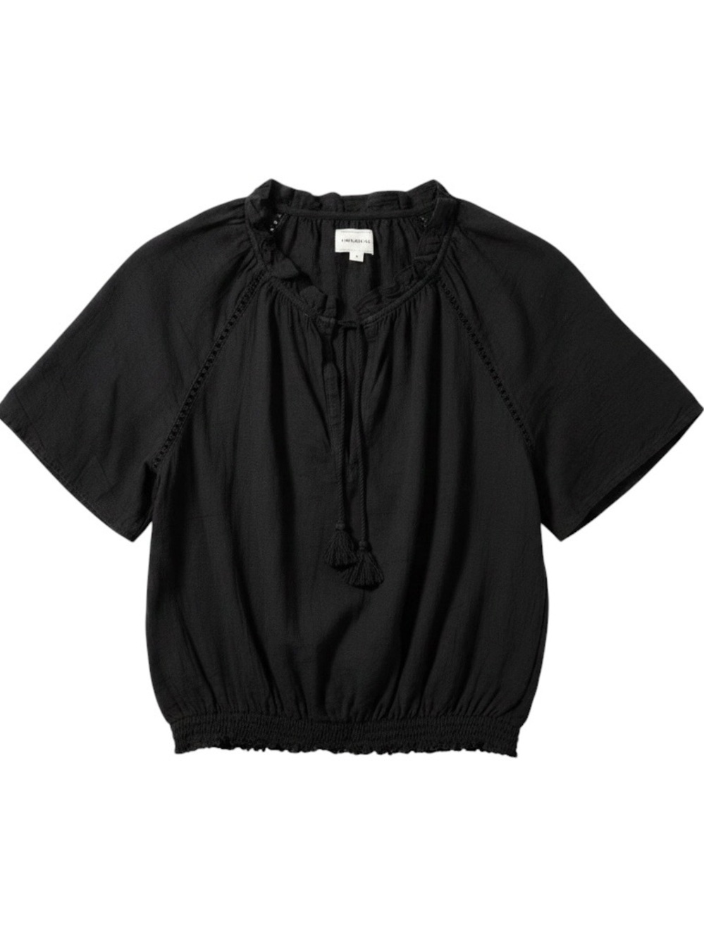 Honorine Black Cotton Peasant Blouse Tassel Tie‎ Neck Smocked Hem Boho Top